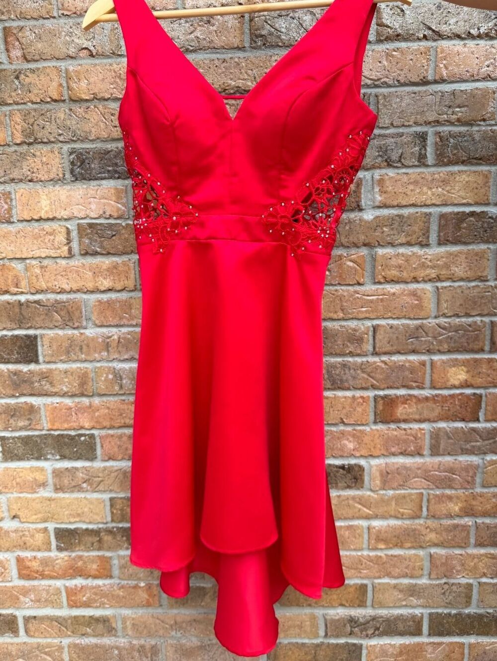 City Vibe Red Rhinestone Lace Cutout High Low Formal Dress